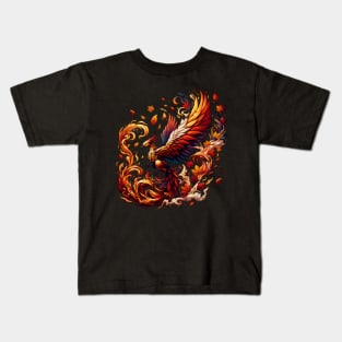 Phoenix Rising from Autumn Leaves Illustration Artwork Kids T-Shirt